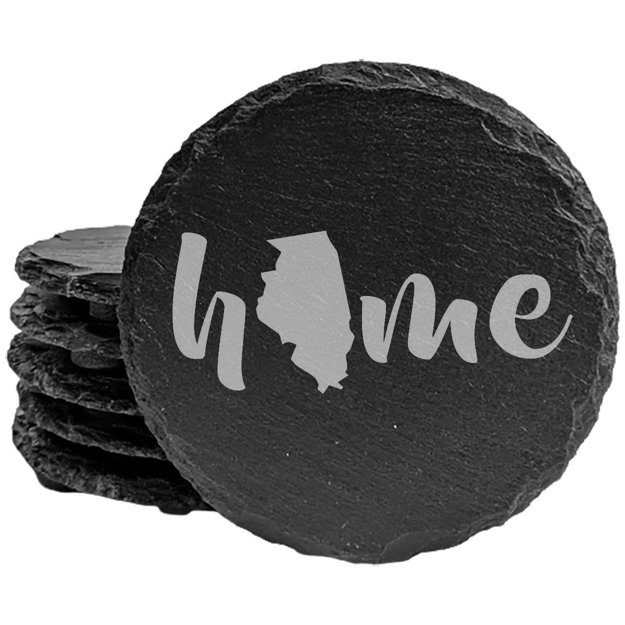 Rustic Slate Coasters Set of 4 - Laser Etched 'Home' Design with Illinois State - Perfect Gift for Holidays, Birthdays, Housewarming - 4" Round/Square - Made in Oregon, USA - Natural Chipped Edge