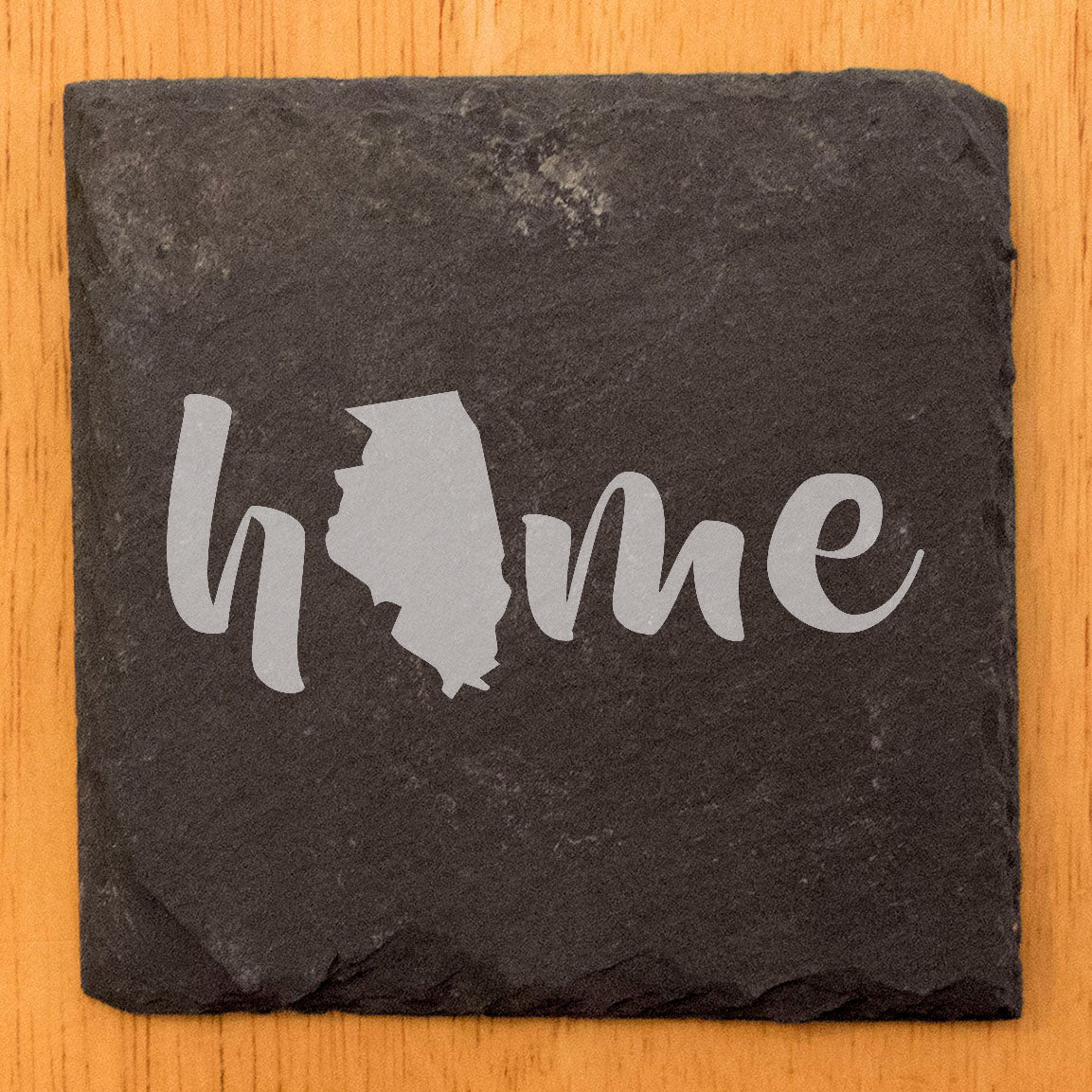 Rustic Slate Coasters Set of 4 - Laser Etched 'Home' Design with Illinois State - Perfect Gift for Holidays, Birthdays, Housewarming - 4" Round/Square - Made in Oregon, USA - Natural Chipped Edge