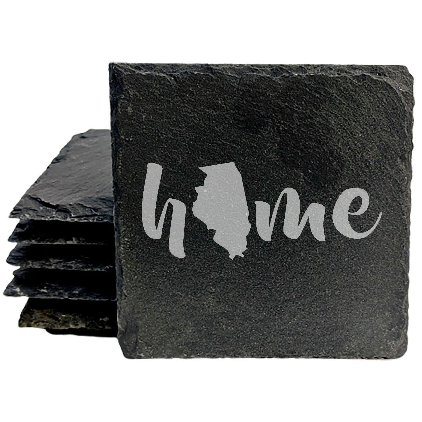 Rustic Slate Coasters Set of 4 - Laser Etched 'Home' Design with Illinois State - Perfect Gift for Holidays, Birthdays, Housewarming - 4" Round/Square - Made in Oregon, USA - Natural Chipped Edge