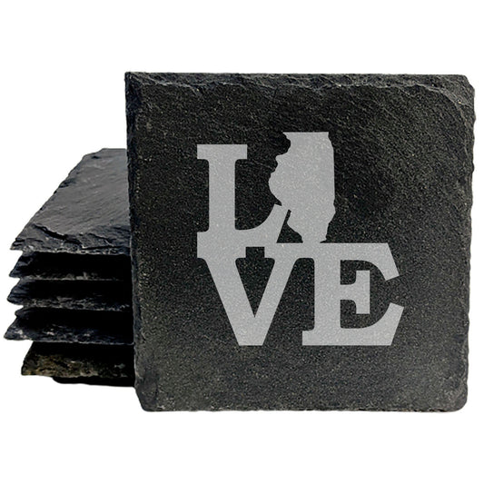 Rustic Slate Coasters Set of 4, Round 4" with 'LOVE' Illinois Design, Perfect for Holidays, Birthdays, Housewarming Gifts, She-Shed or Man Cave, Made in Oregon, USA, Natural Chipped Edge
