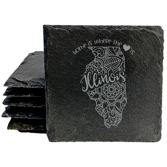Rustic Slate Coasters Set of 4, Round 4" with Illinois Mandala Design, 'Home is Where the Heart Is' Quote, Perfect Gift for Holidays, Birthdays, Housewarming, Made in Oregon, USA