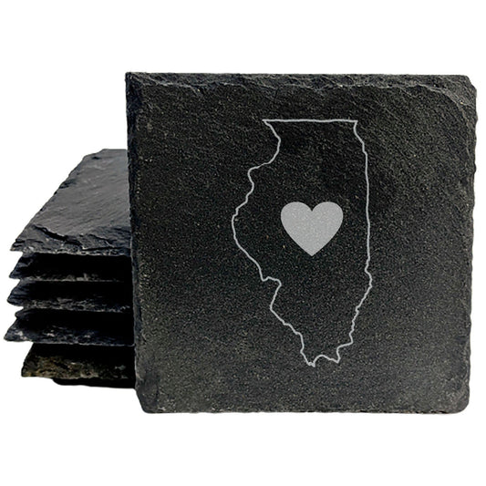 Rustic Slate Coasters Set of 4, Round 4" with Illinois Heart Design, Laser Etched, Natural Chipped Edge, Rubber Feet, , Perfect for Holidays, Birthdays, Housewarming, Made in USA