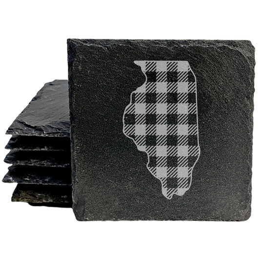 Rustic Slate Coasters Set of 4, Round 4" with Illinois Plaid Design, Laser Etched, Perfect for Holidays, Birthdays, Housewarming Gifts, She-Shed or Man Cave, Made in Oregon, USA, Natural Edge