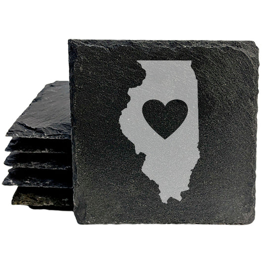 Rustic Slate Coasters Set of 4, Round 4" with Illinois Heart Design, Laser Etched, Perfect for Holidays, Birthdays, Housewarming Gifts, Made in Oregon, USA, Natural Chipped Edge, Rubber Feet