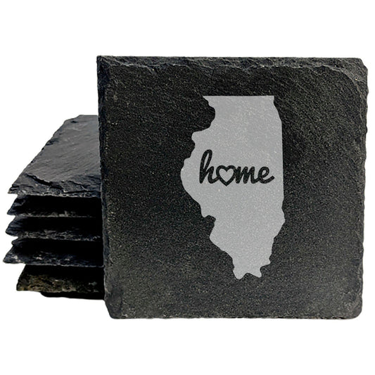 Rustic Slate Coasters Set of 4, Round 4" with Illinois 'Home' Heart Design, Perfect for Holidays, Birthdays, Housewarming Gifts, She-Shed or Man Cave, Made in Oregon, USA, Natural Chipped Edge