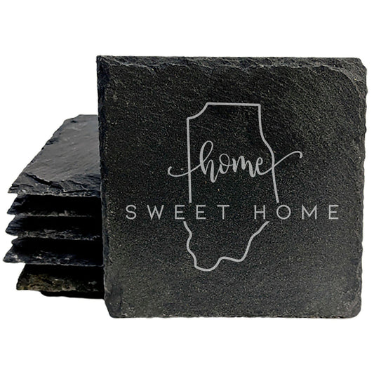 Rustic Slate Coasters Set of 4, Round 4" with Indiana 'Home Sweet Home' Design, Perfect for Holidays, Birthdays, Housewarming Gifts, She-Shed or Man Cave, Made in Oregon, USA, Natural Chipped Edge