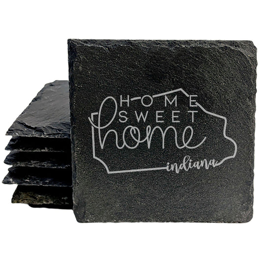 Rustic Slate Coasters Set of 4, Indiana 'Home Sweet Home' Design, 4" Round, Natural Chipped Edge, Rubber Feet, Perfect Gift for Holidays, Birthdays, Housewarming, Made in Oregon, USA