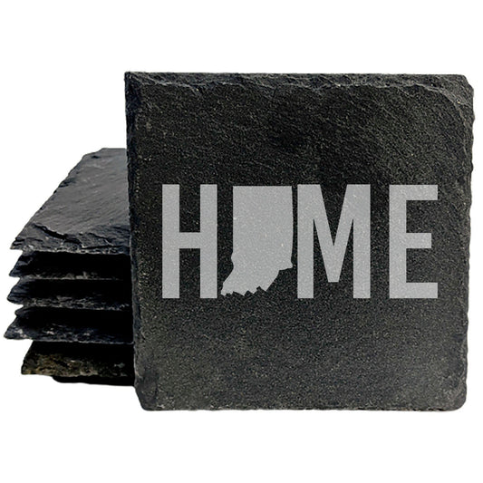 Rustic Slate Coasters Set of 4, Round 4" with Indiana 'HOME' Design, Laser Etched, Perfect for Holidays, Birthdays, Housewarming Gifts, Made in Oregon, USA, Natural Chipped Edge, Rubber Feet