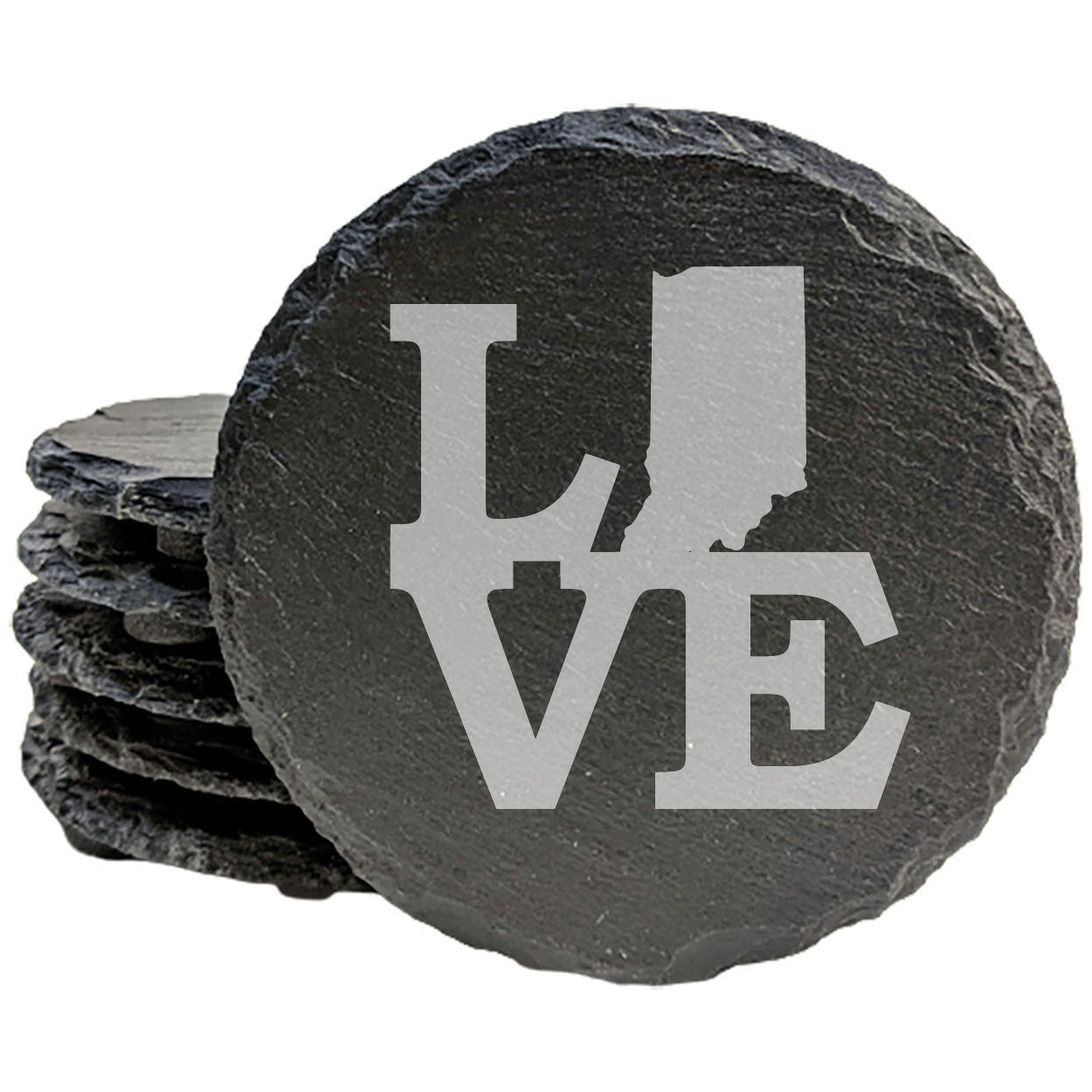 Rustic Slate Coasters Set of 4, Round 4" with 'LOVE' Indiana Design, Perfect for Holidays, Birthdays, Housewarming Gifts, She-Shed or Man Cave, Made in Oregon, USA, Natural Chipped Edge