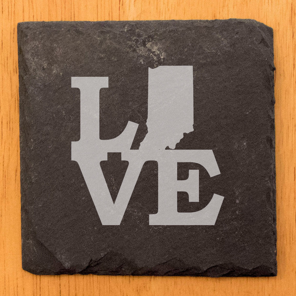 Rustic Slate Coasters Set of 4, Round 4" with 'LOVE' Indiana Design, Perfect for Holidays, Birthdays, Housewarming Gifts, She-Shed or Man Cave, Made in Oregon, USA, Natural Chipped Edge
