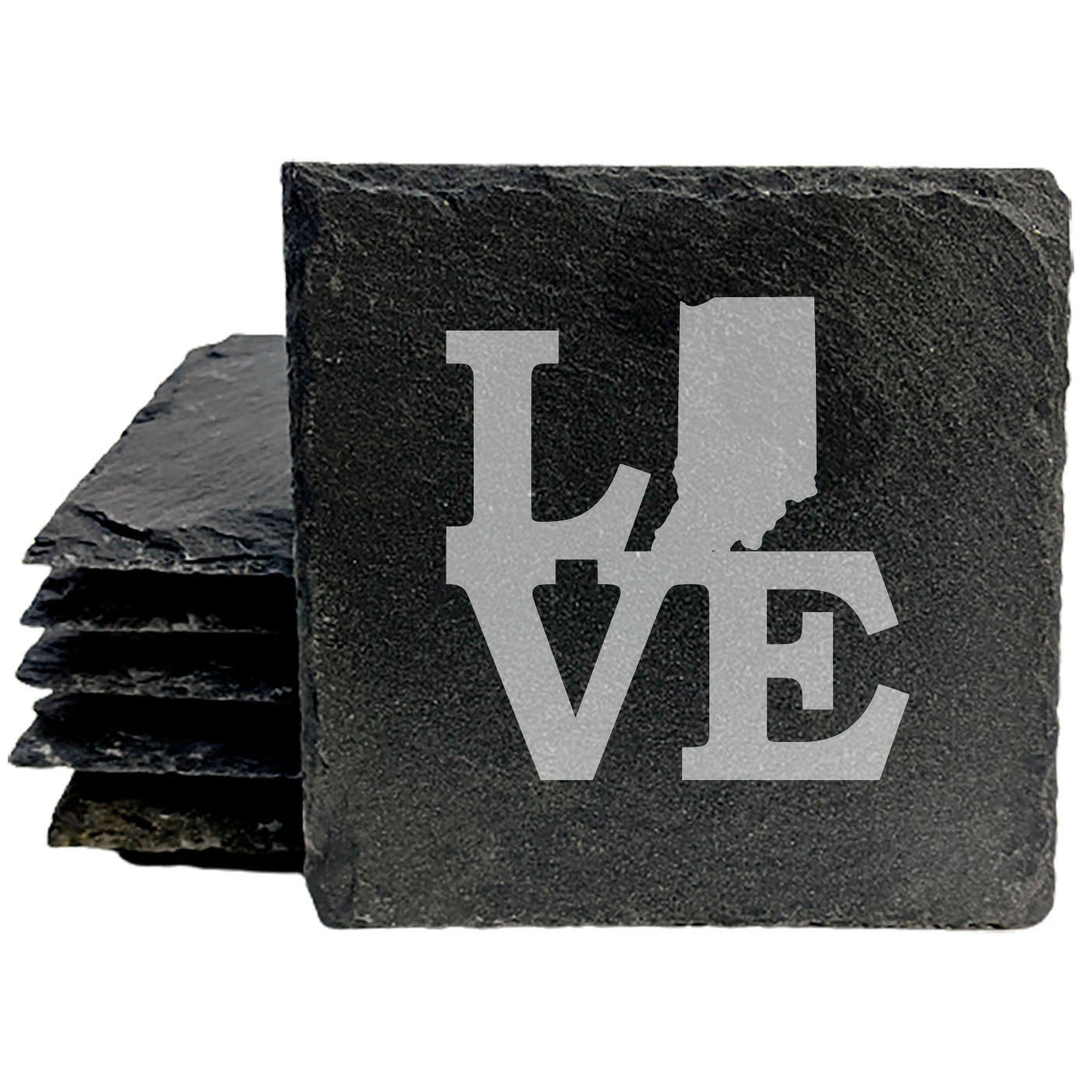 Rustic Slate Coasters Set of 4, Round 4" with 'LOVE' Indiana Design, Perfect for Holidays, Birthdays, Housewarming Gifts, She-Shed or Man Cave, Made in Oregon, USA, Natural Chipped Edge
