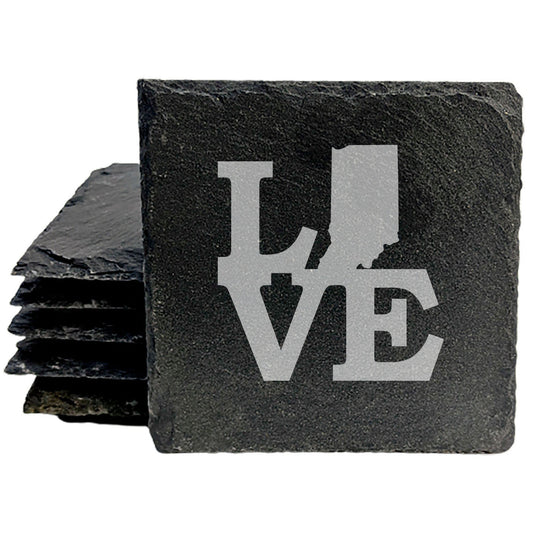 Rustic Slate Coasters Set of 4, Round 4" with 'LOVE' Indiana Design, Perfect for Holidays, Birthdays, Housewarming Gifts, She-Shed or Man Cave, Made in Oregon, USA, Natural Chipped Edge