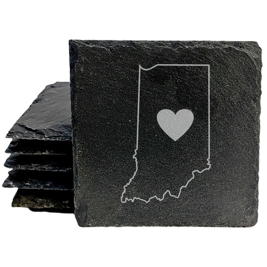 Rustic Slate Coasters Set of 6, Indiana Heart Design, 4" Square, Natural Chipped Edge, Rubber Feet, , Perfect for Holidays, Birthdays, Housewarming, Made in Oregon, USA