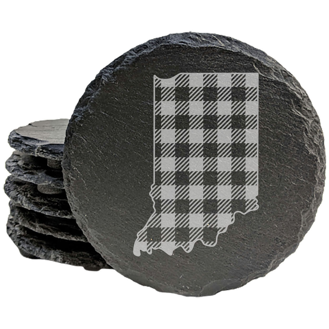 Rustic Slate Coasters Set of 4, Indiana Plaid Design, 4" Round, Natural Chipped Edge, Rubber Feet, , Perfect for Holidays, Birthdays, Housewarming, She-Shed, Man Cave, Made in USA