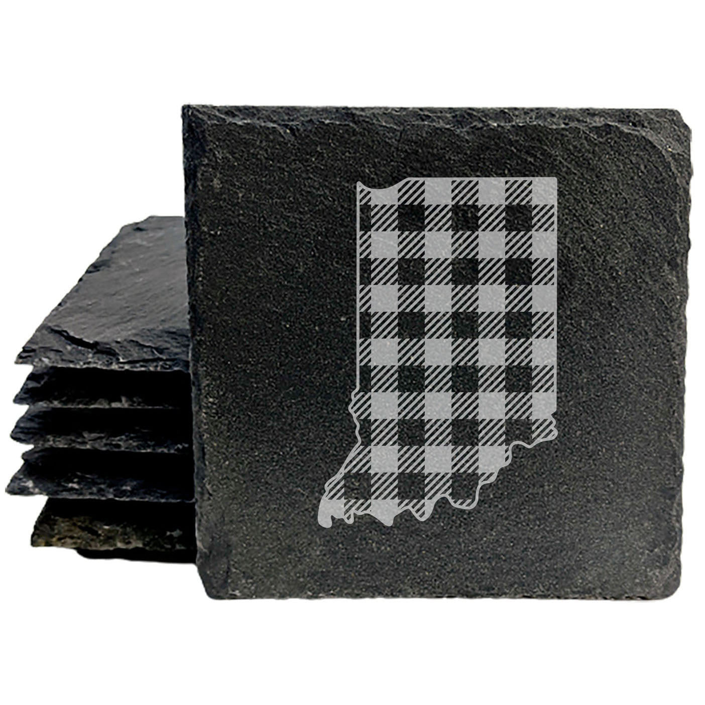 Rustic Slate Coasters Set of 4, Indiana Plaid Design, 4" Round, Natural Chipped Edge, Rubber Feet, , Perfect for Holidays, Birthdays, Housewarming, She-Shed, Man Cave, Made in USA