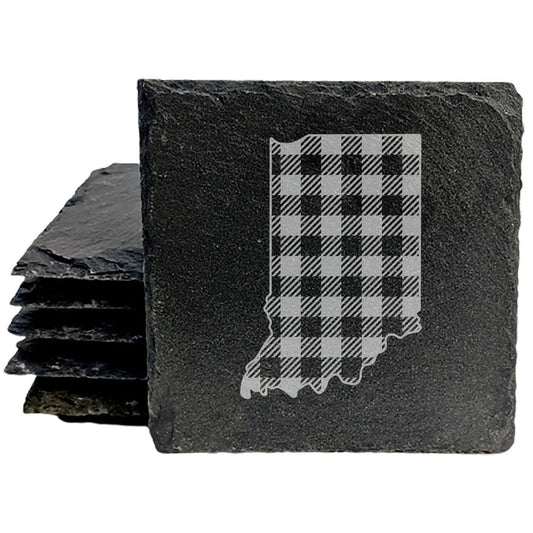 Rustic Slate Coasters Set of 4, Indiana Plaid Design, 4" Round, Natural Chipped Edge, Rubber Feet, , Perfect for Holidays, Birthdays, Housewarming, She-Shed, Man Cave, Made in USA