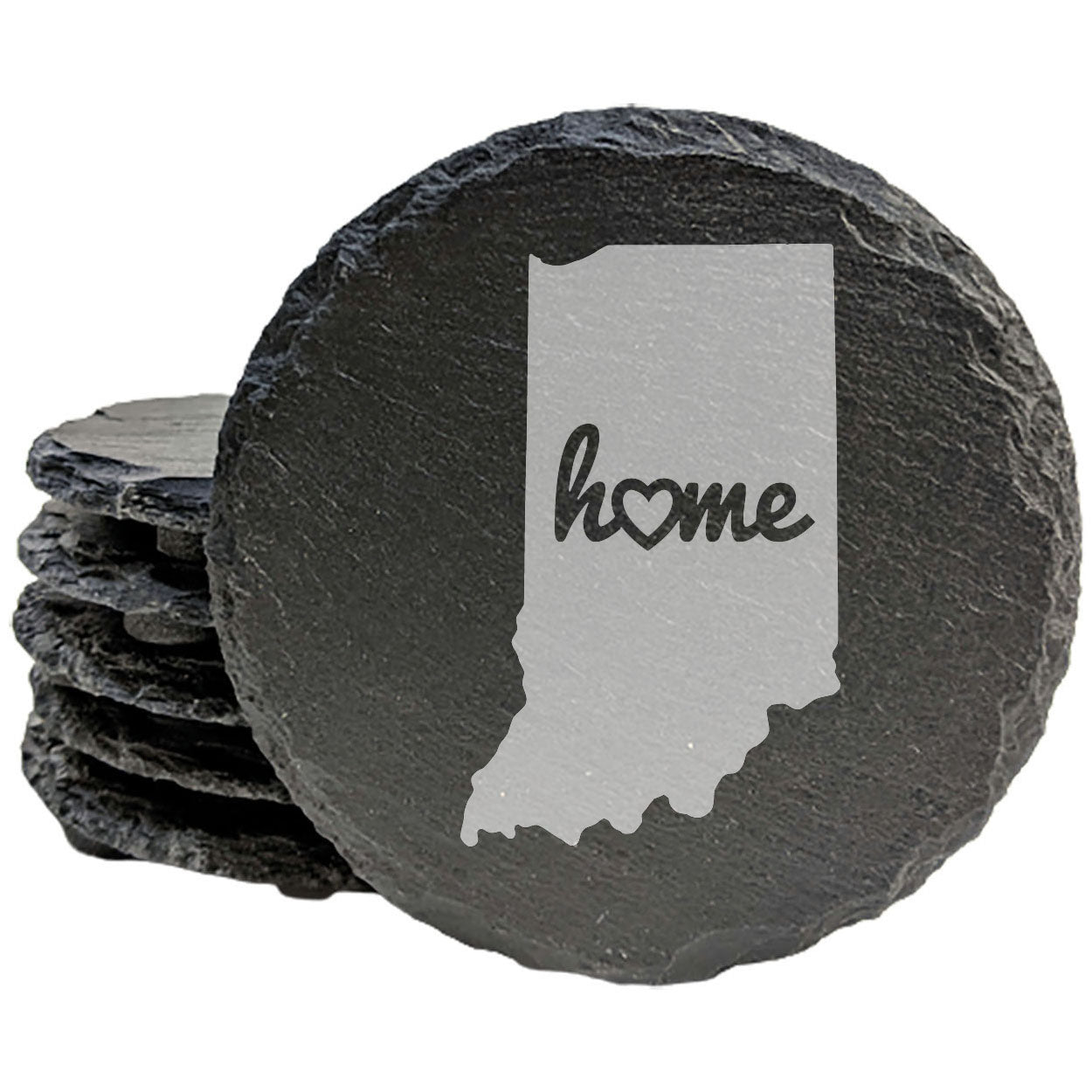 Rustic Slate Coasters Set of 4, Indiana 'Home' Design, 4" Round, Laser Etched, Natural Chipped Edge, Rubber Feet, , Perfect for Holidays, Birthdays, Housewarming, Made in Oregon, USA