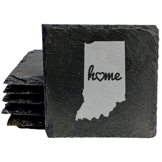 Rustic Slate Coasters Set of 4, Indiana 'Home' Design, 4" Round, Laser Etched, Natural Chipped Edge, Rubber Feet, , Perfect for Holidays, Birthdays, Housewarming, Made in Oregon, USA