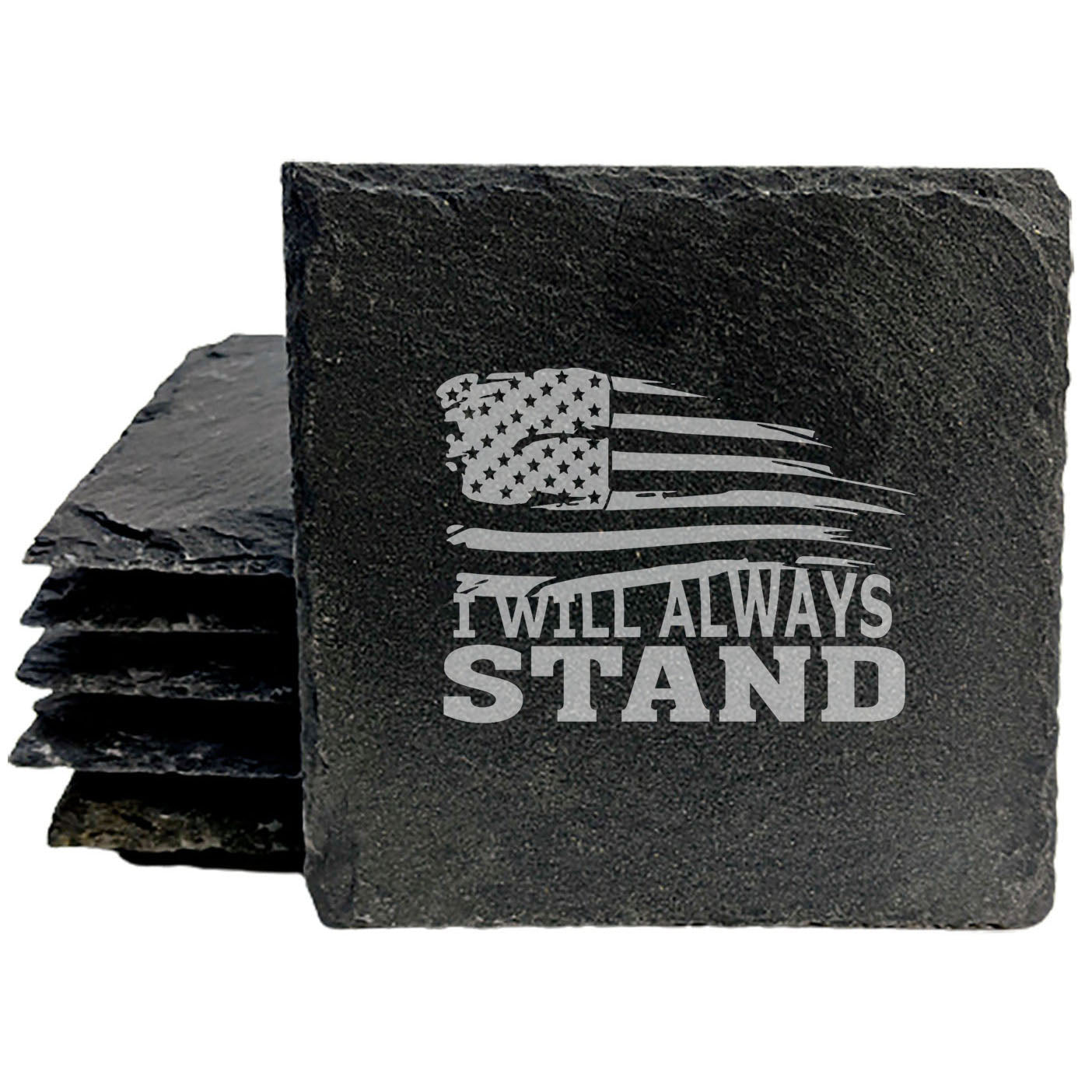 A Symbol of Strength: Tattered American Flag Coasters with "I Will Always Stand" Message