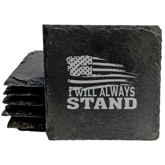 A Symbol of Strength: Tattered American Flag Coasters with "I Will Always Stand" Message