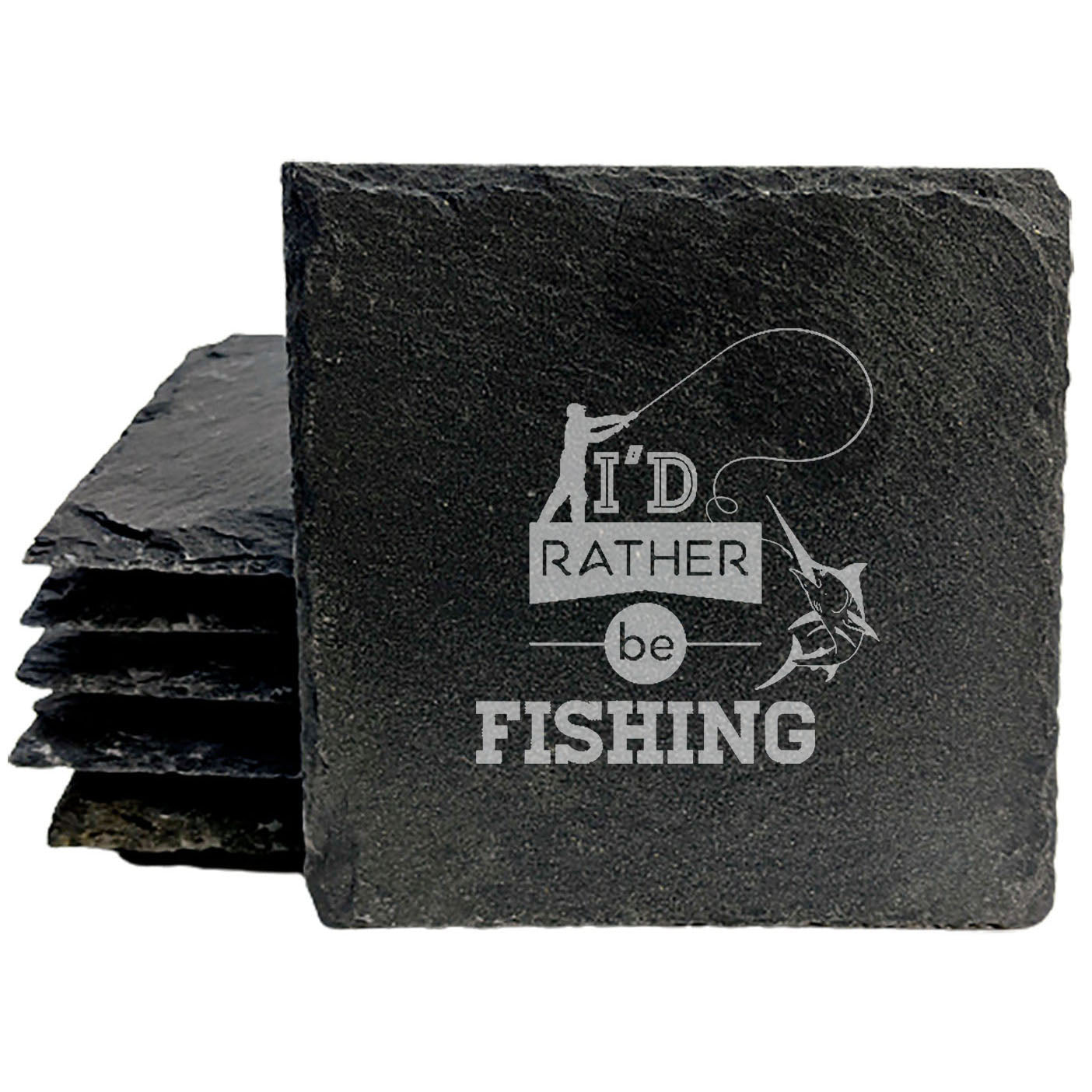 Slate Coasters with "I'd Rather Be Fishing" Laser-Etched Design - Protect Your Surfaces in Style!  Natural Stone Coasters