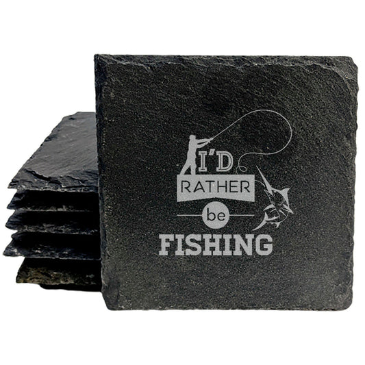 Slate Coasters with "I'd Rather Be Fishing" Laser-Etched Design - Protect Your Surfaces in Style!  Natural Stone Coasters