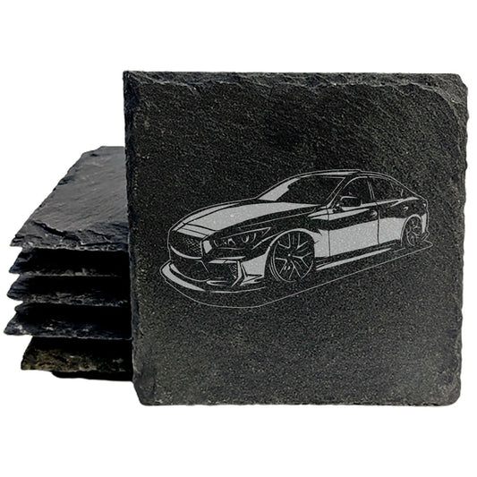 Infinity Q50 Design Rustic Gray Slate Coasters Set of 4 - Laser Etched, Natural Chipped Edge, Rubber Feet - Perfect for Holidays, Birthdays, Housewarming Gifts - Made in Oregon by Small Business