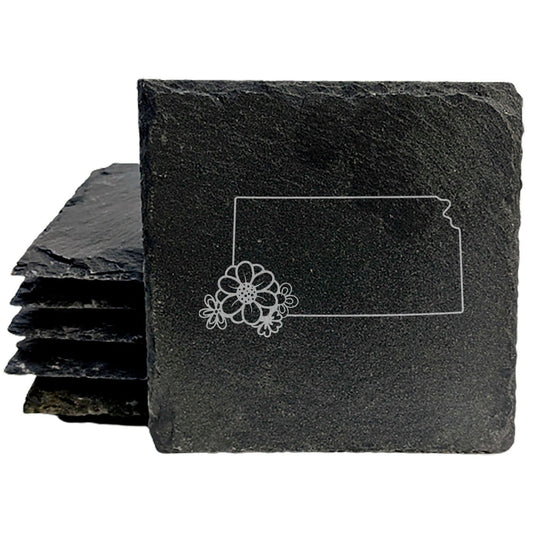 Rustic Slate Coasters Set of 4 - Kansas State Outline Design w/ Flower - Perfect Gift for Holidays, Birthdays, Housewarming - 4" Round/Square - Made in Oregon, USA - Natural Chipped Edge