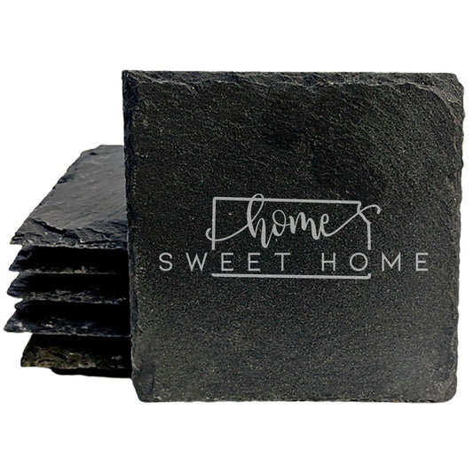 Rustic Slate Coasters Set of 4 - Round 4" with 'Home Sweet Home' Kansas Design, Natural Chipped Edge, Rubber Feet,  - Perfect for Holidays, Birthdays, Housewarming - Made in USA