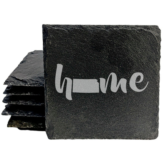 Rustic Slate Coasters Set of 4 - Laser Etched 'Home' Design with Kansas State - Perfect Gift for Holidays, Birthdays, Housewarming - 4" Round/Square - Made in Oregon, USA - Natural Chipped Edge
