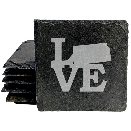 Rustic Slate Coasters Set of 4, Laser Etched 'LOVE' Kansas Design, 4" Round, Natural Chipped Edge, Rubber Feet, , Perfect for Holidays, Birthdays, Housewarming, Made in Oregon, USA
