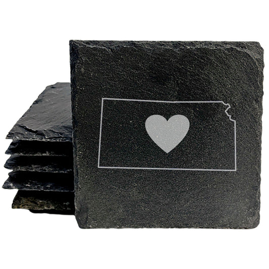 Rustic Slate Coasters Set of 4, Round 4" with Kansas Heart Design, Laser Etched, Perfect for Holidays, Birthdays, Housewarming Gifts, She-Shed or Man Cave, Made in Oregon, USA, Natural Edge