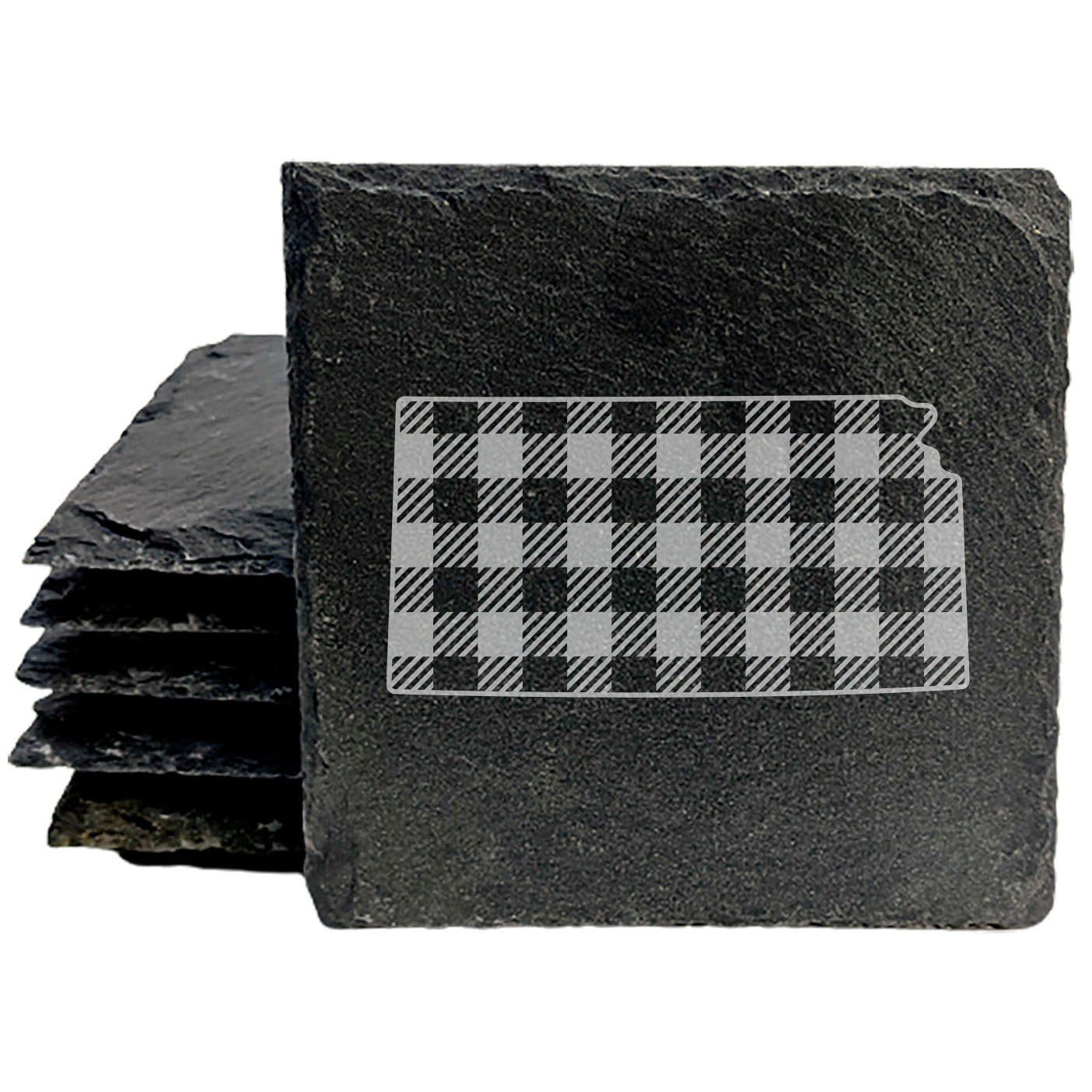 Rustic Slate Coasters Set of 4 - Kansas Plaid Design, 4" Round, Natural Chipped Edge, Rubber Feet,  - Perfect for Holidays, Birthdays, Housewarming - Made in Oregon, USA