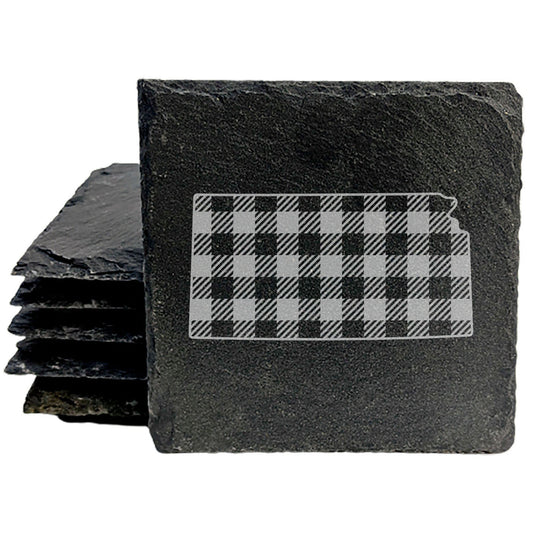 Rustic Slate Coasters Set of 4 - Kansas Plaid Design, 4" Round, Natural Chipped Edge, Rubber Feet,  - Perfect for Holidays, Birthdays, Housewarming - Made in Oregon, USA