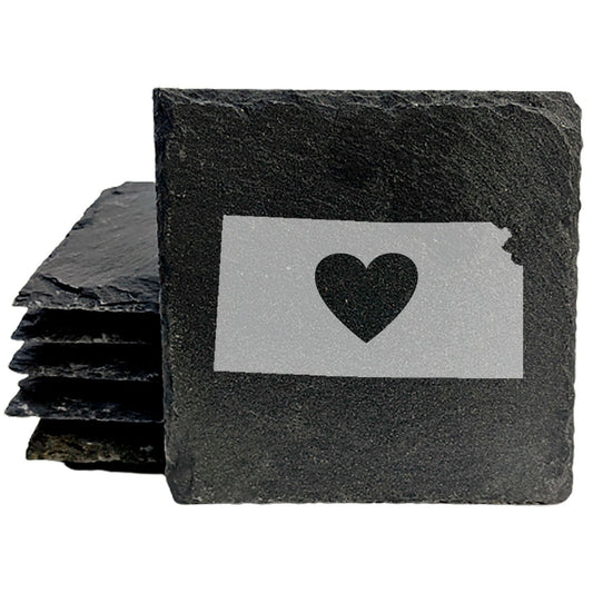 Rustic Slate Coasters Set of 4, Kansas Heart Design, 4" Round, Laser Etched, Natural Chipped Edge, Rubber Feet, , Perfect for Holidays, Birthdays, Housewarming, Made in Oregon, USA