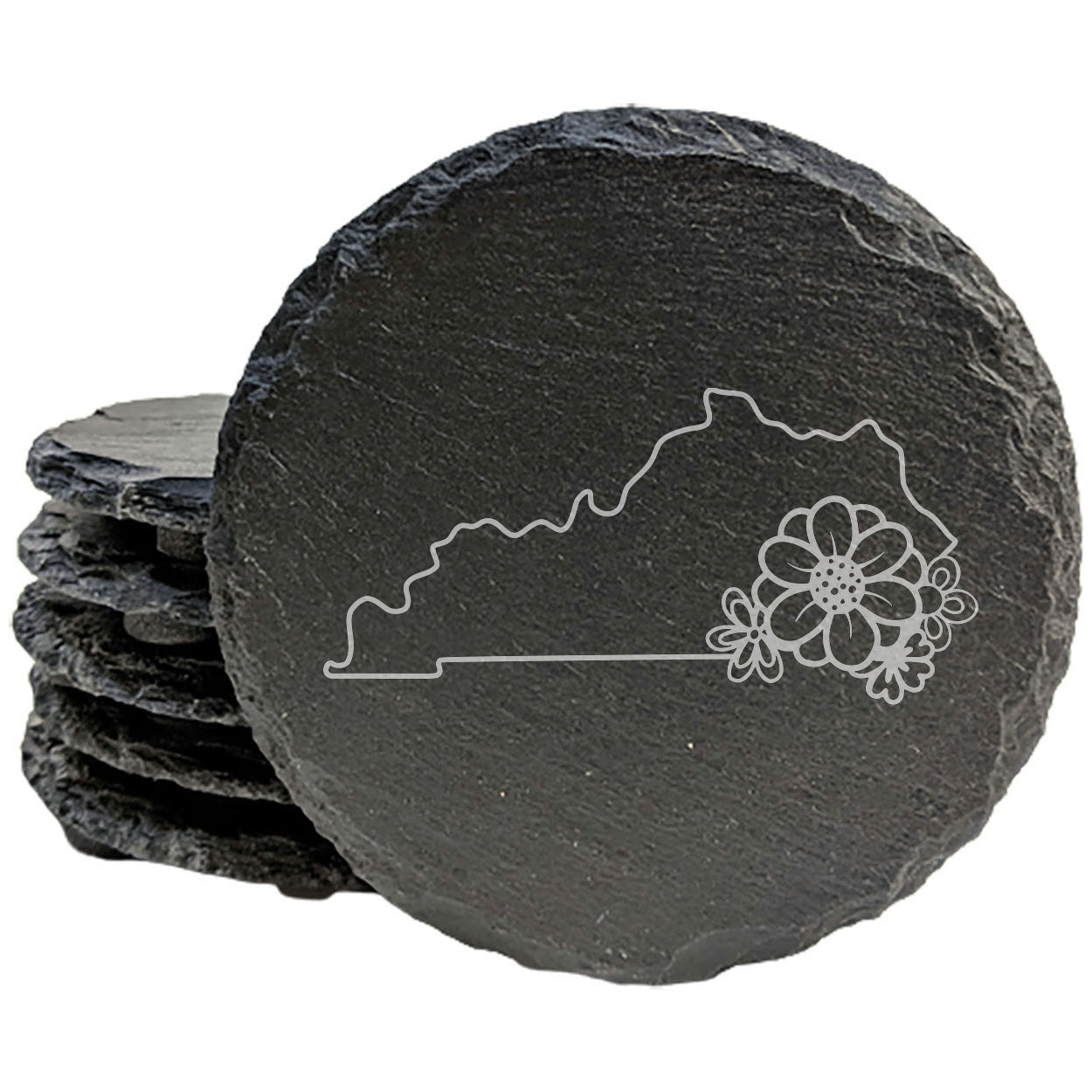 Rustic Slate Coasters Set of 4 - Kentucky State Outline Design, 4" Round/Square, Natural Chipped Edge, Rubber Feet,  - Perfect for Holidays, Birthdays, Housewarming - Made in USA