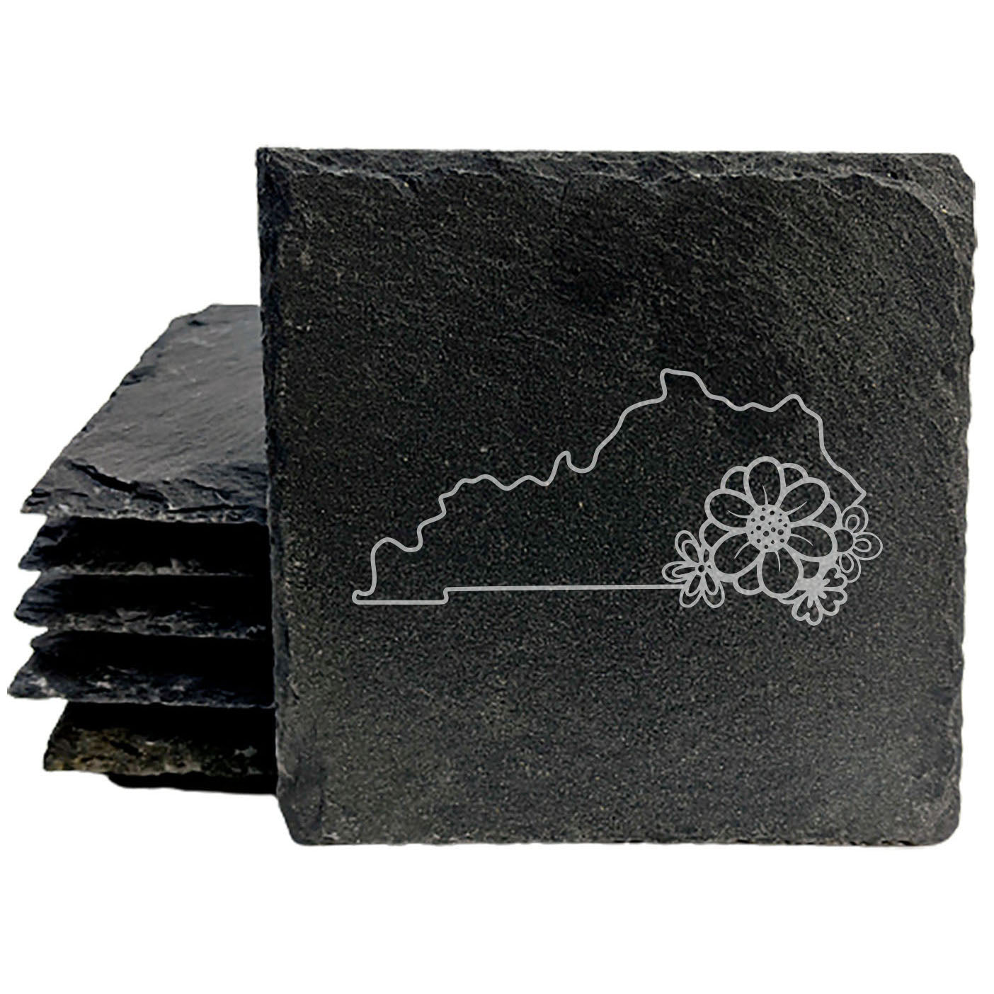 Rustic Slate Coasters Set of 4 - Kentucky State Outline Design, 4" Round/Square, Natural Chipped Edge, Rubber Feet,  - Perfect for Holidays, Birthdays, Housewarming - Made in USA
