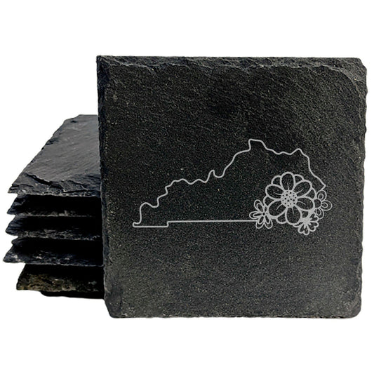 Rustic Slate Coasters Set of 4 - Kentucky State Outline Design, 4" Round/Square, Natural Chipped Edge, Rubber Feet,  - Perfect for Holidays, Birthdays, Housewarming - Made in USA