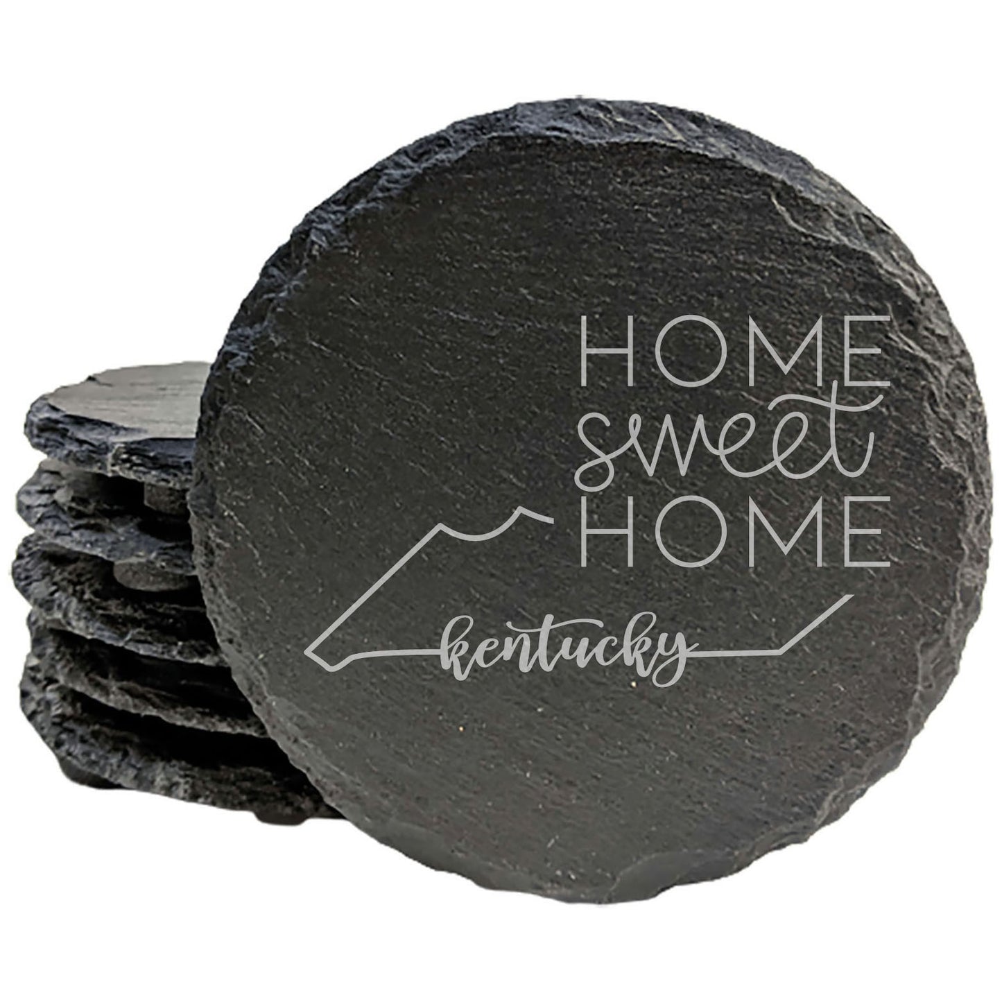 Rustic Slate Coasters Set of 4, 4" Round, Laser Etched Kentucky Design, 'Home Sweet Home', Perfect Gift for Holidays, Birthdays, Housewarming, Made in Oregon, USA, Natural Chipped Edge, Rubber Feet