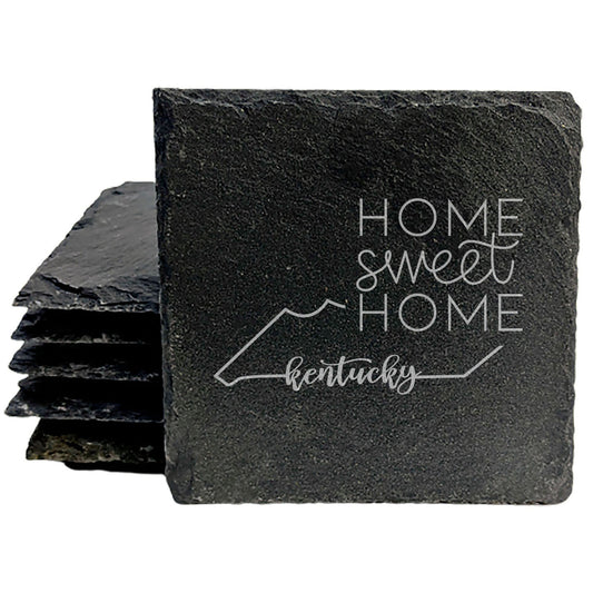 Rustic Slate Coasters Set of 4, 4" Round, Laser Etched Kentucky Design, 'Home Sweet Home', Perfect Gift for Holidays, Birthdays, Housewarming, Made in Oregon, USA, Natural Chipped Edge, Rubber Feet