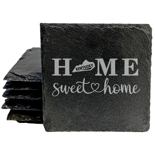 Rustic Slate Coasters Set of 4, Laser Etched 'HOME SWEET HOME' Design, Kentucky State Shape, Perfect Gift for Holidays, Birthdays, Housewarming, Made in Oregon, USA, 4" Round, Natural Edge