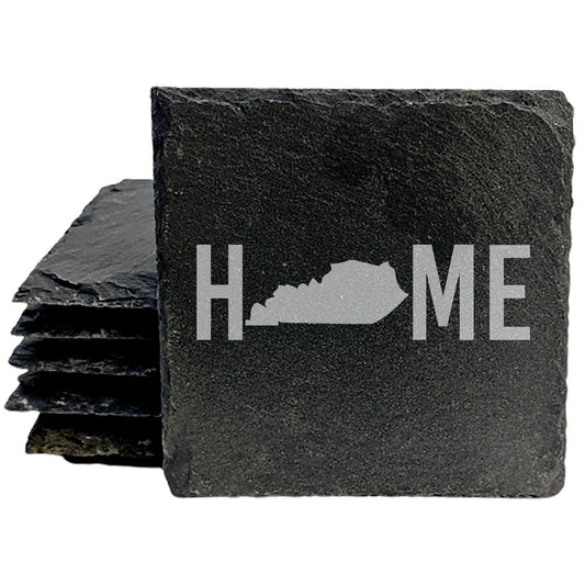 Rustic Slate Coasters Set of 4, Laser Etched 'HOME' Design with Kentucky State, 4" Round, Natural Chipped Edge, Rubber Feet, Perfect Gift for Holidays, Birthdays, Housewarming, Made in USA