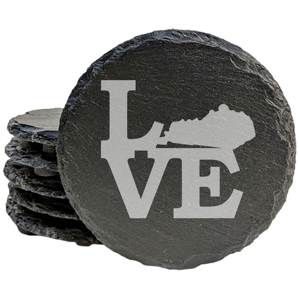 Rustic Slate Coasters Set of 4, Laser Etched 'LOVE' Design with Kentucky State, 4" Round, Natural Chipped Edge, Rubber Feet, , Perfect for Holidays, Birthdays, Housewarming, USA Made