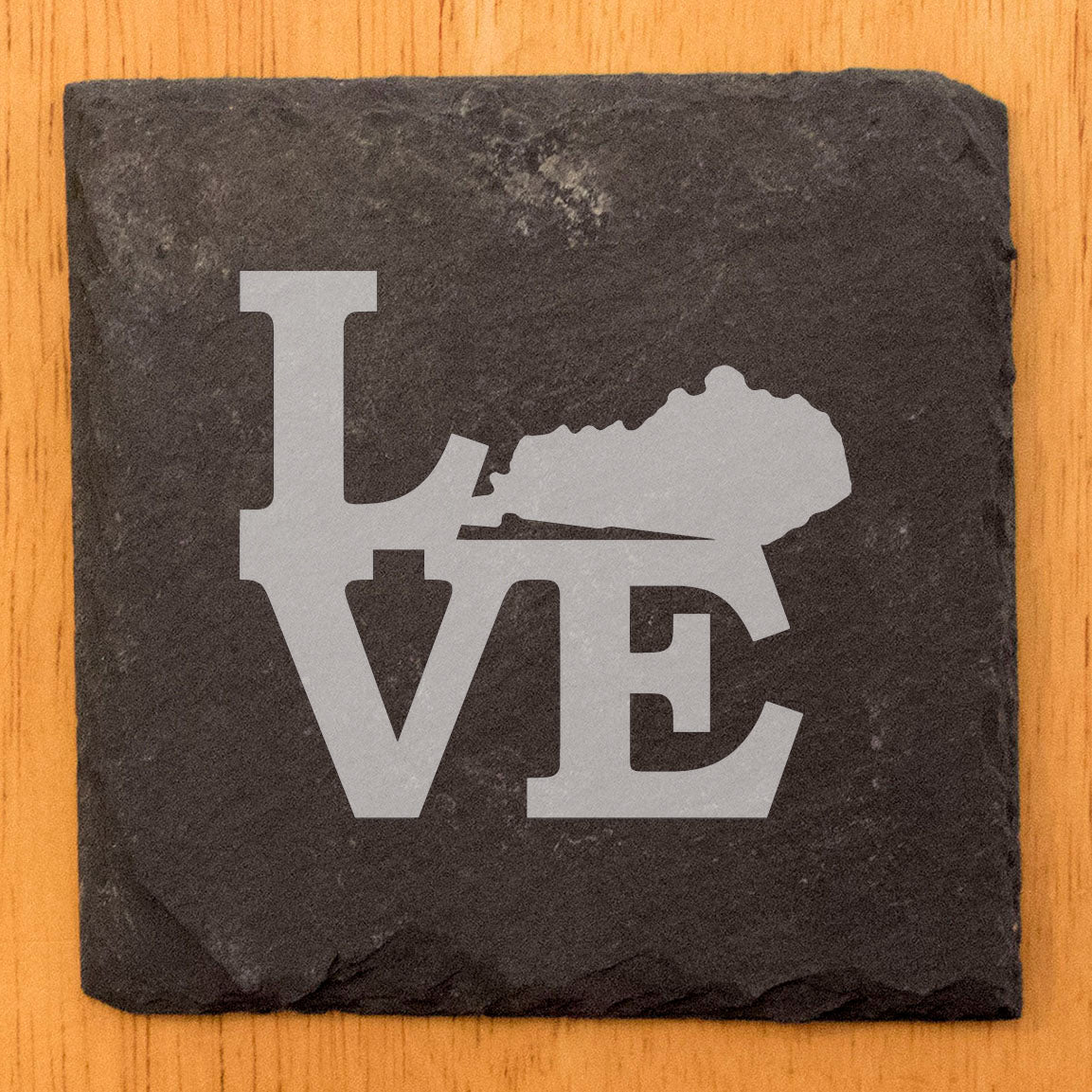 Rustic Slate Coasters Set of 4, Laser Etched 'LOVE' Design with Kentucky State, 4" Round, Natural Chipped Edge, Rubber Feet, , Perfect for Holidays, Birthdays, Housewarming, USA Made