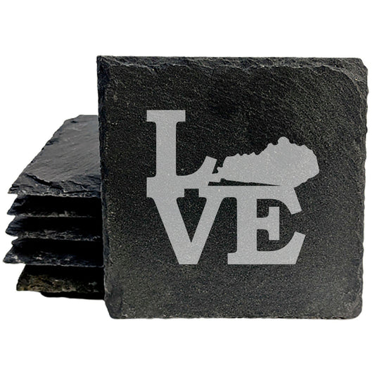Rustic Slate Coasters Set of 4, Laser Etched 'LOVE' Design with Kentucky State, 4" Round, Natural Chipped Edge, Rubber Feet, , Perfect for Holidays, Birthdays, Housewarming, USA Made