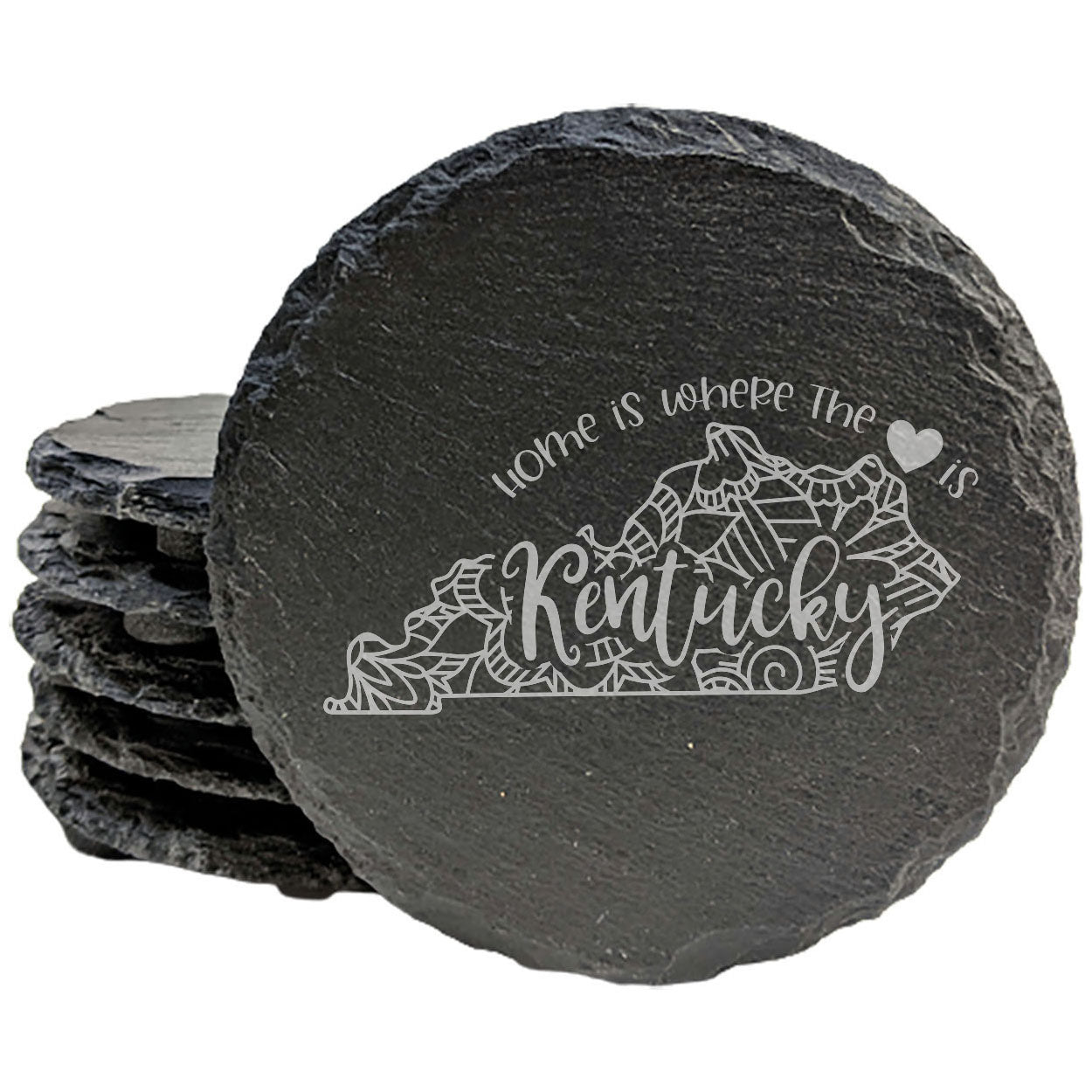 Rustic Slate Coasters Set of 4, Round 4" with Kentucky Mandala Design, 'Home is Where the Heart Is' Quote, Perfect Gift for Holidays, Birthdays, Housewarming, Made in Oregon, USA, Small Business