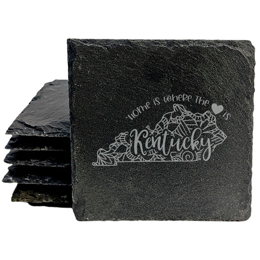 Rustic Slate Coasters Set of 4, Round 4" with Kentucky Mandala Design, 'Home is Where the Heart Is' Quote, Perfect Gift for Holidays, Birthdays, Housewarming, Made in Oregon, USA, Small Business