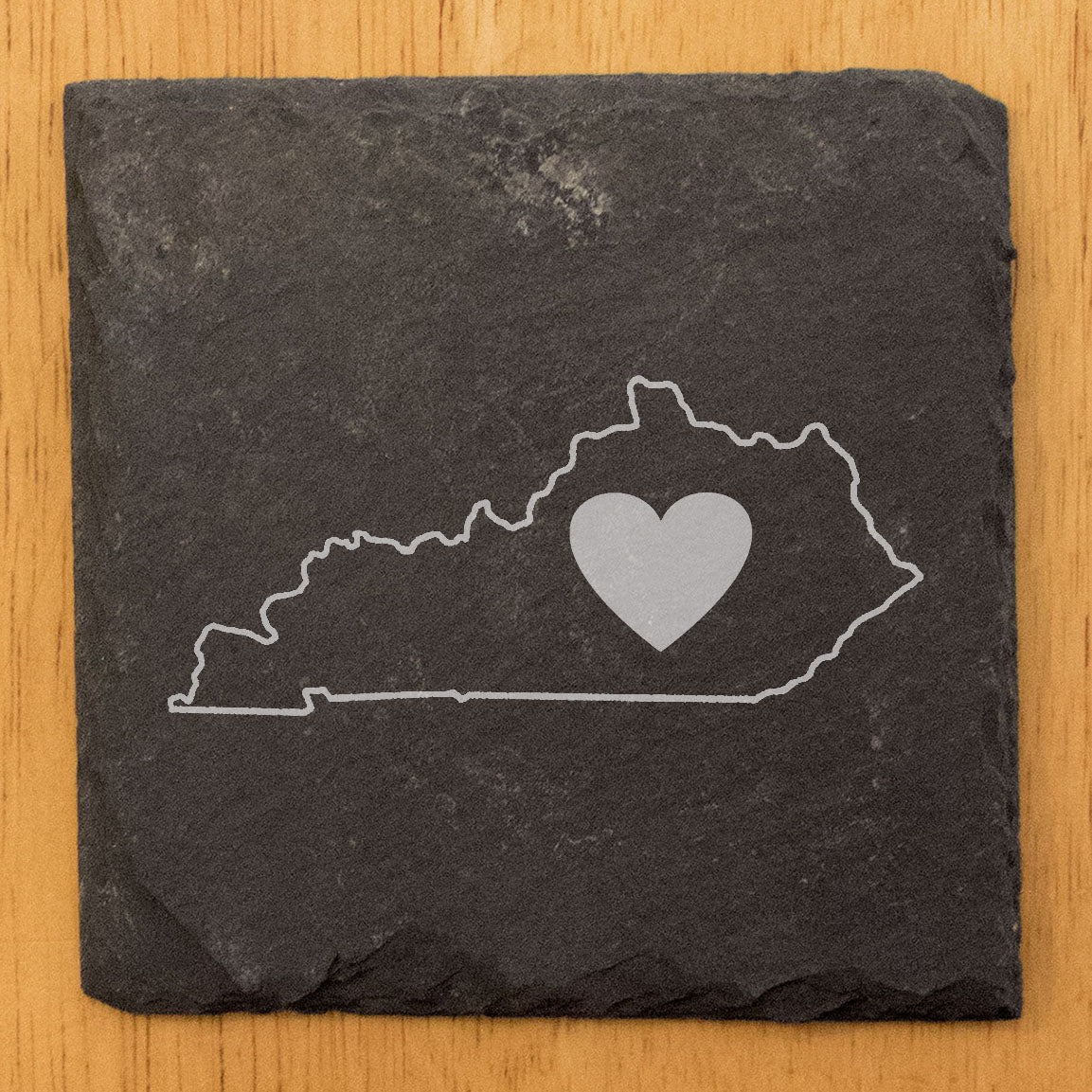 Rustic Slate Coasters Set of 4, Round 4" with Kentucky Heart Design, Laser Etched, Perfect for Holidays, Birthdays, Housewarming Gifts, Made in Oregon, USA, Natural Chipped Edge, Rubber Feet