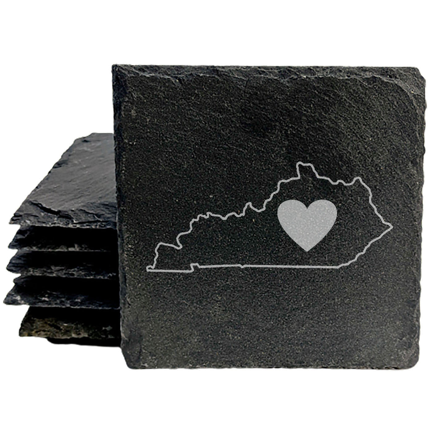 Rustic Slate Coasters Set of 4, Round 4" with Kentucky Heart Design, Laser Etched, Perfect for Holidays, Birthdays, Housewarming Gifts, Made in Oregon, USA, Natural Chipped Edge, Rubber Feet