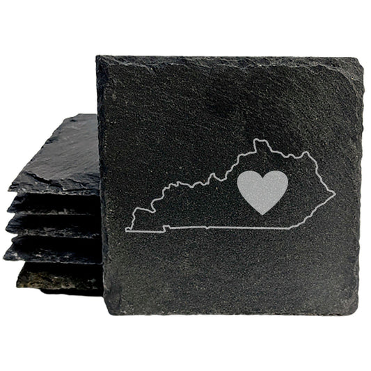 Rustic Slate Coasters Set of 4, Round 4" with Kentucky Heart Design, Laser Etched, Perfect for Holidays, Birthdays, Housewarming Gifts, Made in Oregon, USA, Natural Chipped Edge, Rubber Feet